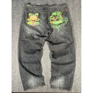 Vtg Azzure Love Life Denim Jeans 44x34 Mens Baggy Y2K Embroidered Streetwear Blk